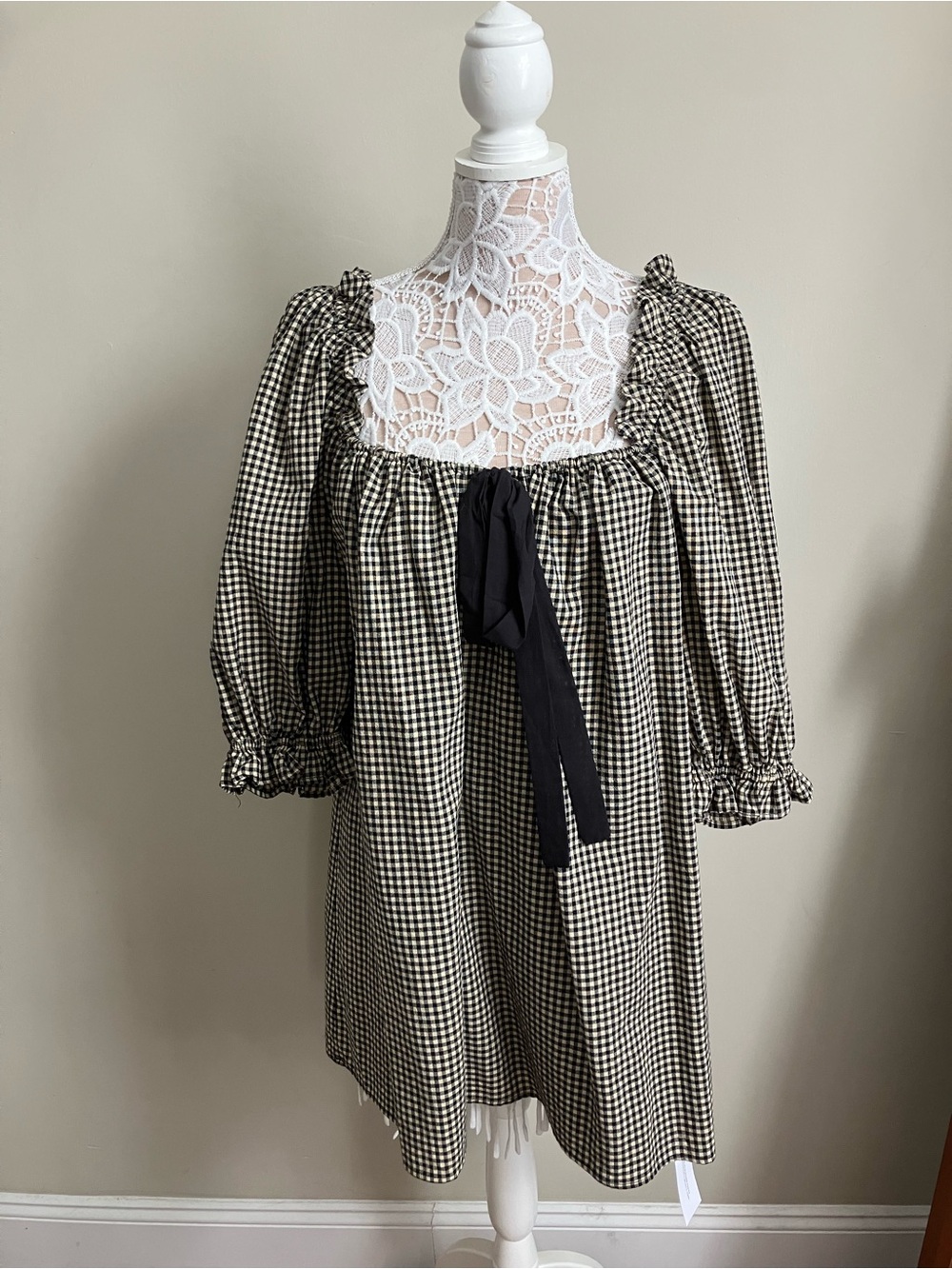 Black & White Gingham Square-Neck Dress with Bow